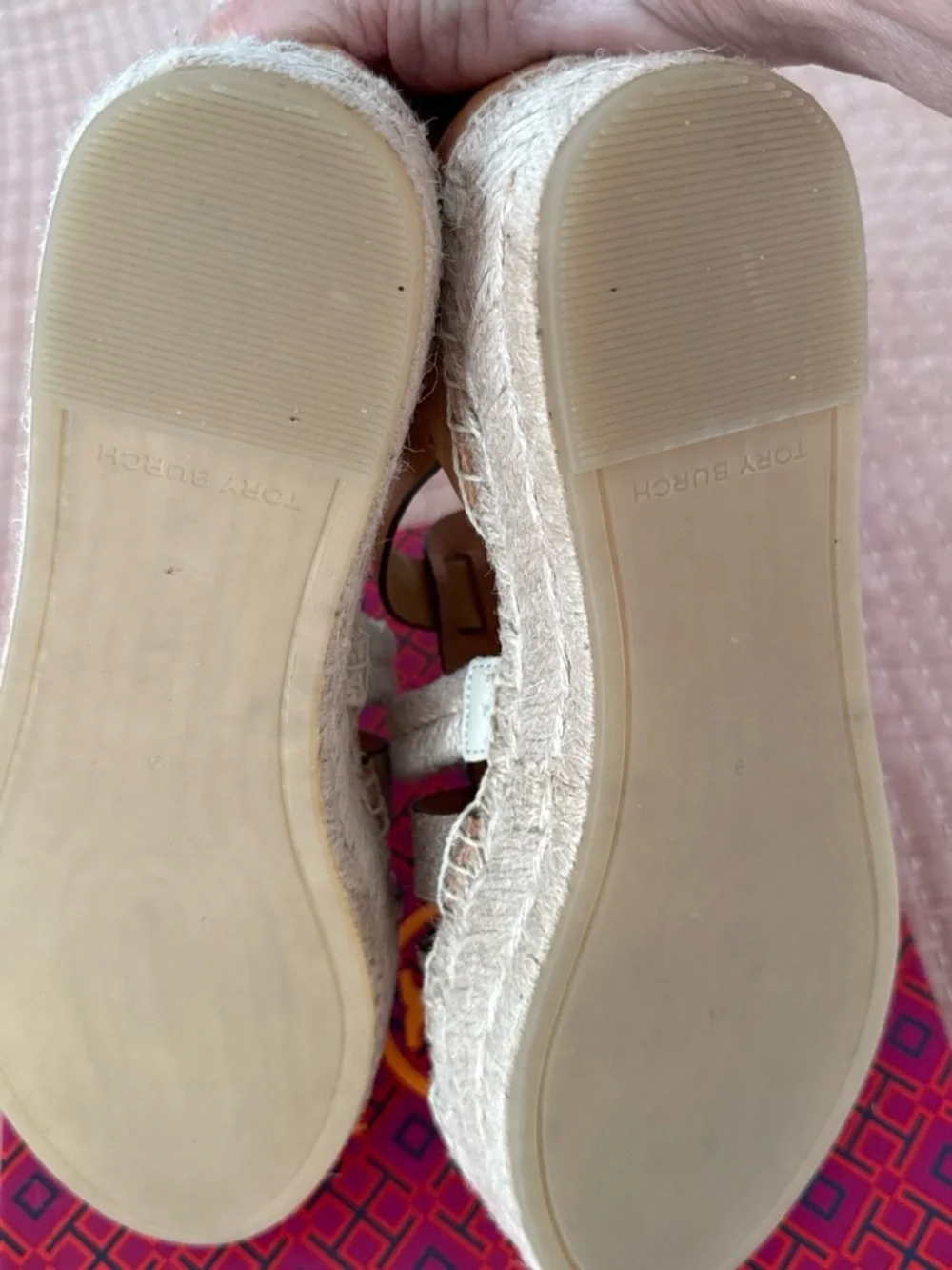 Tory Burch Brandy Leather with Silver Metallic Trim Platform Espadrille
